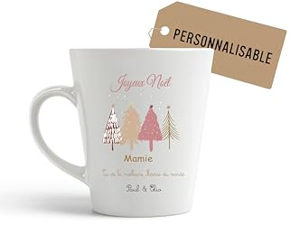 Générique Mug Noël personnalisable – texte 100% modifiable – Cadeau de Noël (Mamie, Marraine, Nounou, Parrain…) + prénoms enfants – Tasse céramique sapins pastel
