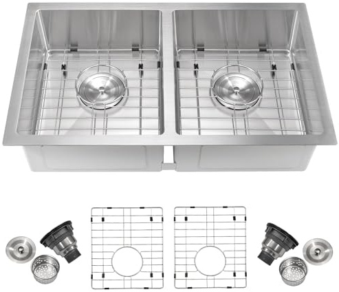 Kitchen Sinks,33×19×10 inch Double Bowl Undermount Kitchen Sink – Brushed 304 Stainless Steel with 2.0mm Rim, 1.0mm Bowl, Deep Basin Design, Bottom Grids & Drain Assembly