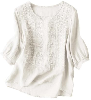 YGERGWE Ladies Tops, Embroidered Blouse Short Sleeve Round Neck Casual Tunic Tops Loose Fit Ladies T Shirts Summer Womens Holiday Clothes