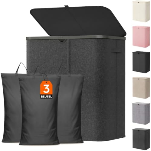 Lifewit Tvättkorg 165 l med lock, stor tvättkorg av plast, fack tvättlåda, tvättkorg för badrum, sovrum, tvättstuga, mörkgrå