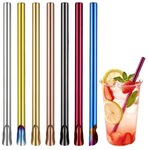 Yardwe 7 Pailles RéUtilisables En Acier Inoxydable Paille MéTallique ColoréE Pour MéLanger Boissons Thé Lait Smoothies Glaces FêTes Familiales Pique-Niques Voyages Et Bureau