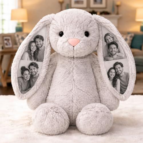 Personalisierte Kuscheltier Hase mit 4 Fotos, Stoffhase mit Bildern im Ohr | Weicher Plüschhase Kuscheltier mit Foto Bedruckt, Personalisierte Geschenke für Paare Freundin Freunde Familie, 26cm/40cm