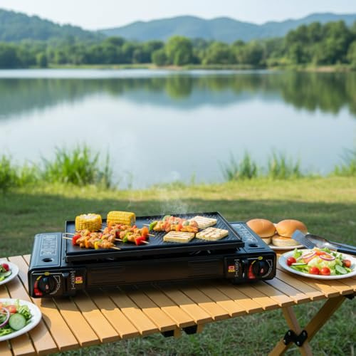 Gaskocher 2-flammig mit Grillplatte & Tragetasche, Outdoor Gas Stove Tragbarer Gasherd Camping, 2500W pro Brenner Camping Herd Campingkocher, 63 x 26 x 12 cm