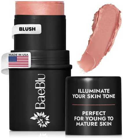 BaeBlu - Organic Blush Tube, Rose - 100% Natural Vegan Cream Blush Sticks, Multi-Use Bronzer, & Highlighter for Lips, Cheeks & Eyes, Buildable Shimmer, Gluten-Free, Paraben-Free, Made in USA