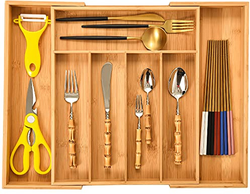 MASS DYNAMIC Cutlery Drawer Organizer Expandable Bamboo Utensil Tray, Adjustable Silverware and Flatware Holder, Compact Storage for Spoons, Forks, Knives - Ideal for Kitchen and Office Supplies