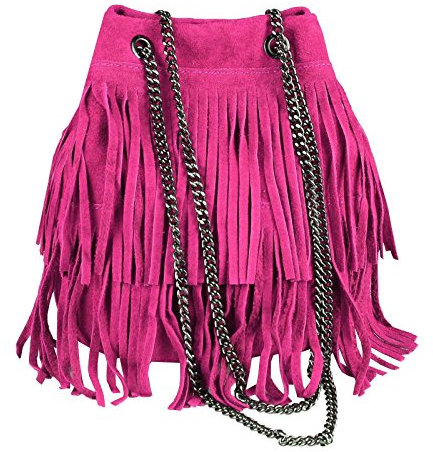 OBC Made in Italy Damen Leder Tasche Fransen Shopper Kettentasche Beutel Wildleder Handtasche Umhängetasche Bucket Bag Schultertasche Ledertasche (Pink 20x25x19 cm)