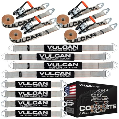 VULCAN Complete Axle Strap Tie Down Kit with Wire J-Hook Ratchet Straps - Silver Series Webbing - Includes (4) 22 and (4) 36 Inch Axle Tie Downs, and (4) 8' Wire Hook Straps