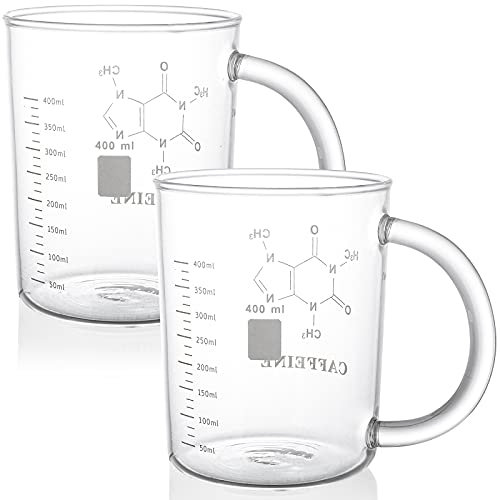 Suwimut 2 Pack Caffeine Beaker Mug, 400ml/16oz Borosilicate Glass Chemistry Coffee Mug With Handle and Measuring for Tea, Latte, Hot and Cold Beverage