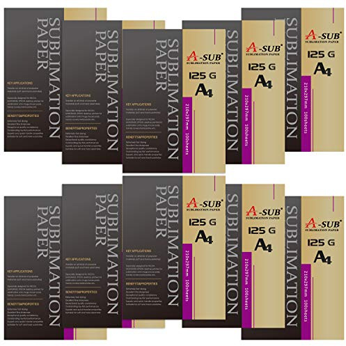 A-SUB Papel de Sublimación A4, 210x297 mm, 1000 Hojas, 125 g/m², Compatible con Impresoras de Sublimación EPSON, SAWGRASS, RICOH, BROTHER