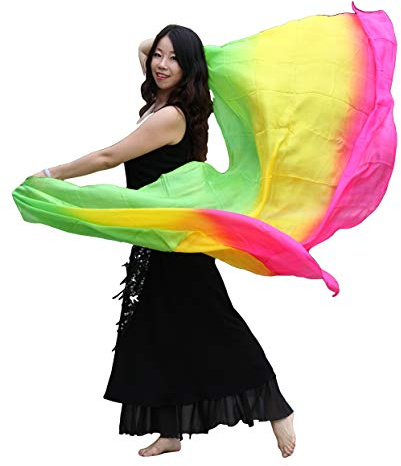 Winged Sirenny Handbemalter Seidenschleier für Bauchtanz, 3-Farben Voile mit handgerollten Kanten, 270x110cm Leichter Mulberry Seidenstoff für Orientalischen Tanz & Aufführungen, grün/gelb/rosa