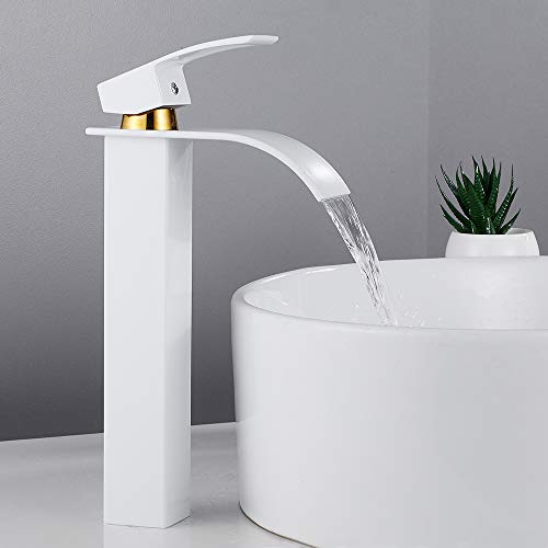 Your's Bath Wasserhahn für Badezimmer, Wasserfall, hoher Wasserfall, mit heißem und kaltem Wasser aus Messing (Weiß Gold)
