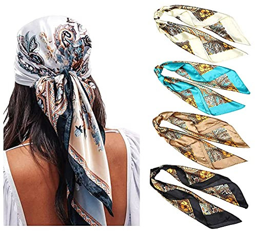 WELROG 90x90cm Große quadratische Fleckschals für Damen 4 PCs Frauen Seidig wie Kopftuch Bandanas Haarschal Halstuc Schlafringe (Set #3)