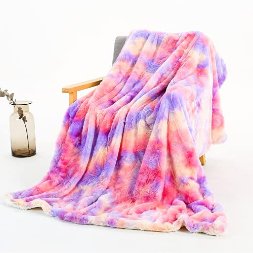 STYHO Tie-Dye Rainbow Sherpa Fleece Reversible Sofa Bed Single Blanket Ultra Soft Thick Fluffy Cozy Warm Blanket Throw(Pink-Purple,130 x 160cm)