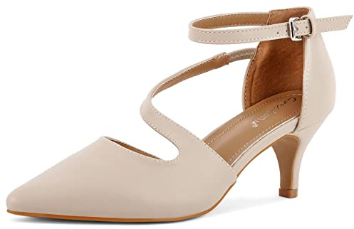 Greatonu Zapatos para Mujer, con Puntera Fina, Correa en el Tobillo y tacón Gatito, Beige T., 37 EU
