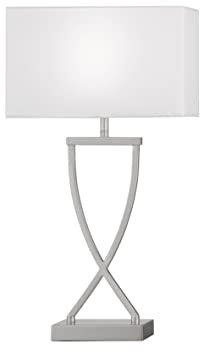 Fischer & Honsel Tischleuchte Anni, Tischlampe mit Stoff-Lampenschirm und aufwändigem Gestell, Schreibtischleuchte aus Metall in Nickelfarben matt & Weiß, E27-Fassung, 27x12x51cm