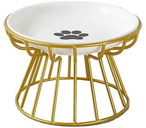 Erhöhter Katzennapf, Katzennapf mit Metallstand, ergonomischer Katzenteller keramische erhöhte Katzennäpfe Anti-kotzende Katzennahrungschale Nahrung Wasser gekippte Schüssel (Gold, Fisch)