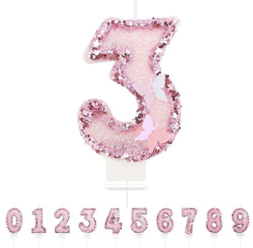 Bougies d'anniversaire Numéro 3,3D Rose Bougie Chiffre 3,Papillon Decoration Gateau Anniversaire,Bougies Gâteau Topper Decoration,Pour Les Enfants, Adultes
