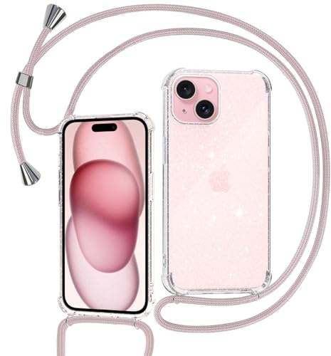 Tikgue Cover per iPhone 15 Plus, Custodia con Cordino Silicone Glitter Brillantini Trasparente Morbida Cover con Collana Sottile Protettiva Bumper Antiurto TPU Case - oro rosa