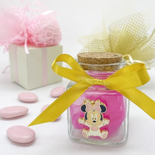 Doni Bomboniere 10 Vasetti in Vetro portaconfetti con Tappo in Sughero con Ciondolo Charm Disney di Baby Minnie Mouse con Tutina Rosa e Oro. Bomboniera utile per Nascita, Battesimo Bimba