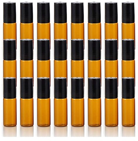 Voarge 24 botellas de cristal vacías de 5 ml con roll-on con roll-on, botellas de cristal marrón ámbar para aceites esenciales, lociones, perfumes, color marrón