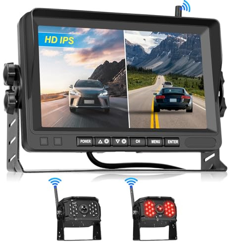 Hodozzy Rückfahrkamera-Set 2 Kameras Digital Kabellos 7 Zoll IPS Bildschirm Monitor Wasserdicht IR LED Nachtsicht Dual Rückfahrkamera Funk Unterstützung Loop Aufnahme 12V-36V für LKW/Wohnmobil/Auto