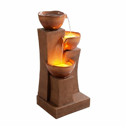 Fuente de Agua Exterior en Cascada de 3 Niveles Teamson Home de 28.54 Pulgadas con Luces LED para Jardines, Paisajismo, Patios, Balcones, Céspedes, Marrón.