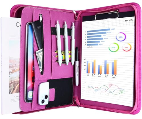 ProCase A4 läderportfölj, dokumenthållare med skrivpapper, anteckningsblock för mötesrekord/RDV-företag, A4-plånbok med dragkedja, lätt hållbar - magenta