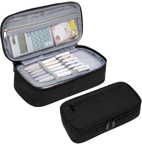 Partideal Großes Federmäppchen Federtaschen Mäppchen,5 Fächer mit Reißverschlussfächern,Federmäppchen für Büro Schulmäppchen Schreibwaren Aesthetic Erwachsene Büro Geschenk(Schwarz)