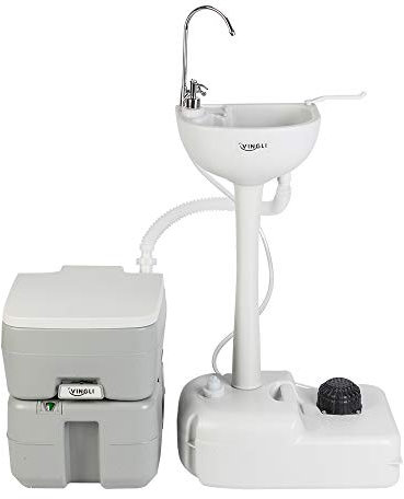Unabhängige tragbare Waschbecken- und Toilettenkombination für Camping/Wohnmobil/Boot – 5-Gallonen-Handwaschstation und 5,3-Gallonen-Spültoilette – leicht und abnehmbar
