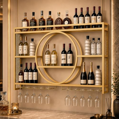 Modernes Metall Weinregal Wand, Bar-Einheit Schwebendes Regal, Weinregale Display Rack Aus Eisen, Bar Regale Wand mit Weinflaschenhalter und Glasregal für Home, Restaurant, Bars (Gold,120x15x80cm)