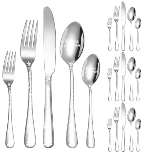 XIAOYU Set di posate natalizie, set di posate da 20 pezzi composto da forchette, coltelli e cucchiai, servizio per 4, set di posate unico con motivo ad albero di Natale per Halloween, Pasqua e Natale