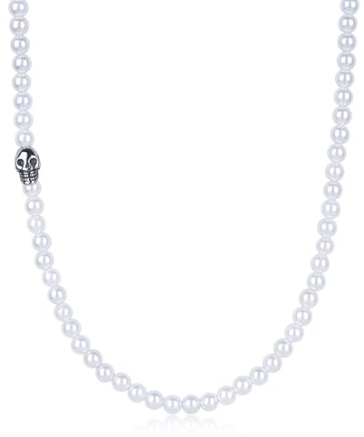 GAVU Kristall-Perlenkette für Herren mit Edelstahl-Totenkopf Charm
