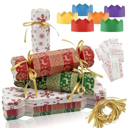 30 Sets Diy Christmas Crackers Bulk,Christmas Party Crackers,Make Your Own Xmas Cracker Kit,Xmas Luxury Cracker Candy Paper Boxes with Hats/Joke,Xmas Family CrackerGift for Winter Decor