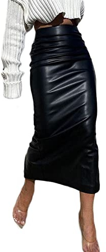 Jupe longue moulante en similicuir pour femme - Taille haute - Jupe crayon midi fendue dans le dos - Jupe longue en cuir synthétique, Noir , L