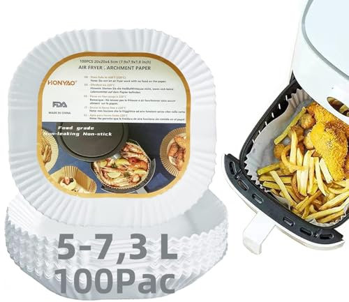 HONYAO Backpapier für Heißluftfritteuse 5-7,3 L, 20x20 cm 100 Stück Quadrat Air fryer Backpapier Einwegschalen Luftfritteuse Pergamentpapier Kompatibel mit Cecotec,Ninja,COSORI,Philips Airfryer