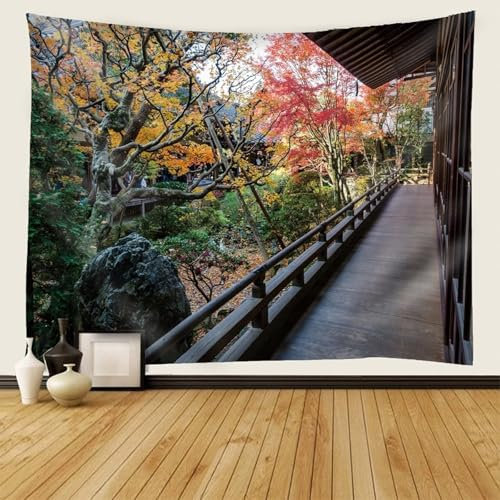 Calefee Wandteppich Groß 350cm Breit, Wandbehang Polyester für Wohnzimmer, Tapisserie Holzhaus und Bäume