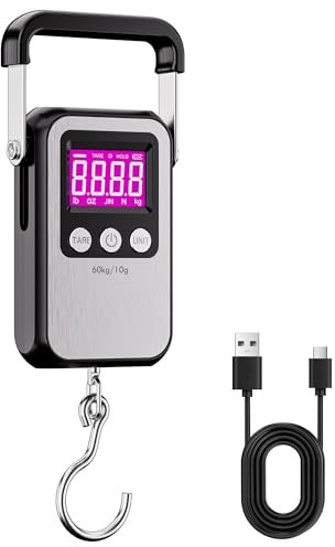 Yabdbg Fischwaage,132lb/60kg Gepäckwaage Hängewaage Angelwaage mit Beleuchtetem LCD-Anzeige,Digitale Kofferwaage mit Großem Griff,Postwaage Edelstahl Panel Wiederaufladbar für Reisen,Familien