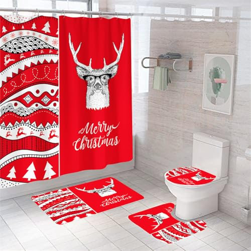 Badezimmerteppich Rote Weihnachten Badteppich rutschfest Waschbar Badgarnitur 3 Teilig – Badematte Set Mit Wc-Vorleger Und Badematte,Teppich Badezimmer Für Sicherheit Und Komfort Im Bad 50×80Cm
