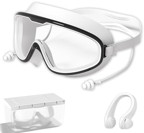 Swimming Goggles, Swim Goggles Large Frame with Nose Clip and Earplugs