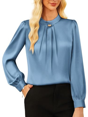 GRACE KARIN Women's Satin Evening Blouse Sparkly Dressy Elegant Top Long Sleeve Mock Neck Going Out Night Blouse Gray Blue S