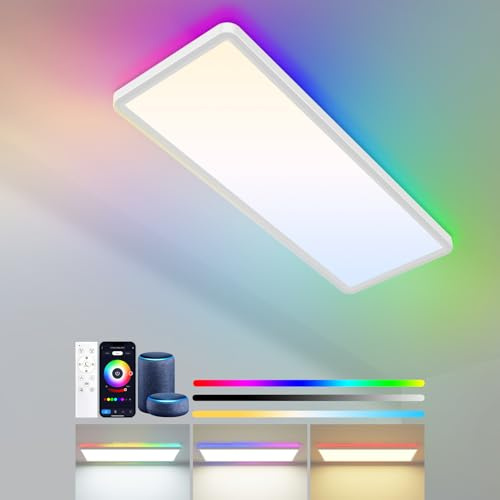 Zemty Smart RGBIC LED Panel Deckenleuchte 58x20 cm, 32W 3500LM Deckenlampe Flach mit Fernbedienung Dimmbar, Funktioniert mit Alexa & Google Assistant, Tageslichtlampe Decke für Schlafzimmer Wohnzimmer