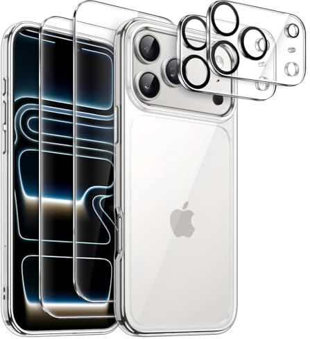 JETech 5 i 1 Skal för iPhone 17 Pro, Anti-Gulning, Klar | 2 Skärmskydd av Härdat Glas, 2 Kameralinsskydd, Stötsäker Bumper Fodral