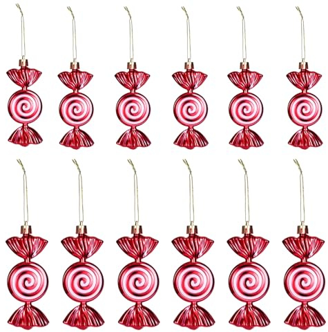 Zocipro 12 Piezas Bastones de Caramelo para árbol de Navidad, Colgantes de Caramelo, Adornos Navideños con Brillantina, Dulces Navideños Rojos y Blancos, Bolas de Navidad, Adornos Navideños
