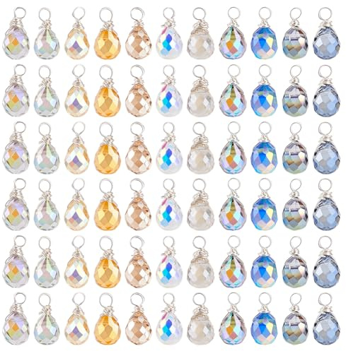 PH PandaHall 110pcs Faceted Teardrop Charms, 11 Colors Wire Wrapped Glass Charms Crystal Charm Transparent Glass Crystal Pendants Drop Dangle Charm for Necklace Earrings Jewelry Making DIY Crafts