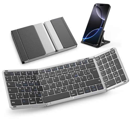 OMOTON Bluetooth Tastatur Faltbare mit Ziffernblock, QWERTZ Deutsches | Wiederaufladbare, 3 Kanäle, Separater Ständer für Handy & Tablet, für iOS/Android/Windows/Mac, Space Grau Schwarz