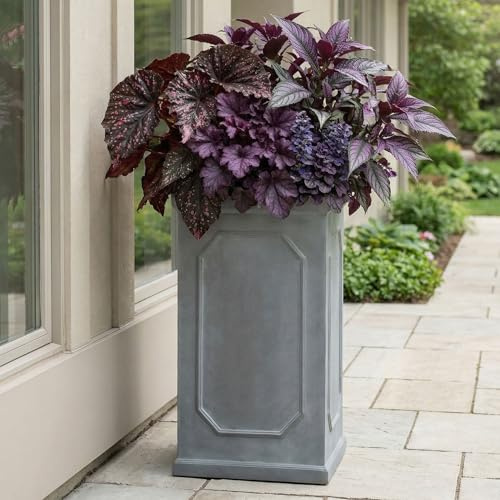 IDEALIST Small Plant Pots 52cm Tall Planter, Faux Lead Reinforced Stone 30L | 1 Pack, L24 W24 H52 cm, Small Size, Grey, Chelsea, Drainage Holes, Frostproof, Lightweight
