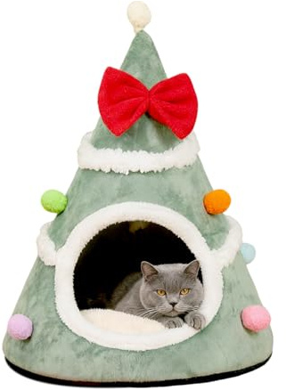 Katzenbett in Form eines Weihnachtsbaums, warmes Kissen, abnehmbar, Katzenhöhle, für Innenbereich, Weihnachten | für , Wohnzimmer, Schlafzimmer, Balkon, kleine und mittelgroße Rassen