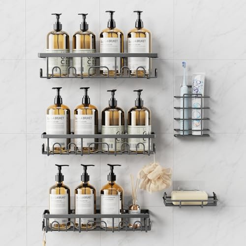 5 Stück Duschablage Ohne Bohren Edelstahl, Badezimmer Organizer - Grau | Badezimmer Regal Zubehör, Seifen Zahnbürstenhalter Set, Bad Regal, Bathroom Duschhalterung, Duschkorb Ohne Bohren