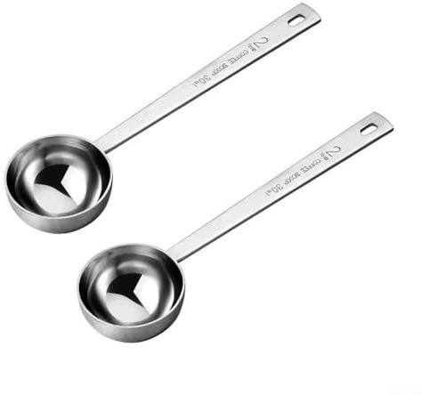 Paquete de 2 cucharas medidoras de café de acero inoxidable de 30 ml, cuchara dosificadora para café, té, ingredientes para hornear con agujero para colgar, color plateado (plata)
