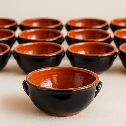 Generico Set 12 Tegamini Terracotta Bicolore 16cm - Ciotole Ceramica con Manici Nero Marrone - Altezza 6cm Tapas Antipasti Contorni Primi - Artigianali - Ebook Omaggio